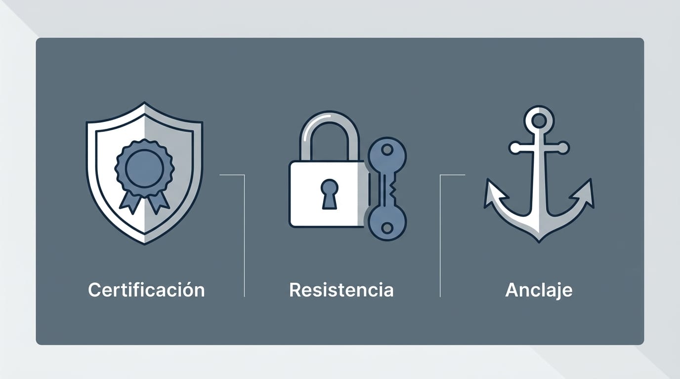 Diagrama que ilustra los criterios fundamentales para elegir una caja fuerte de oficina: certificación, anclaje y resistencia.